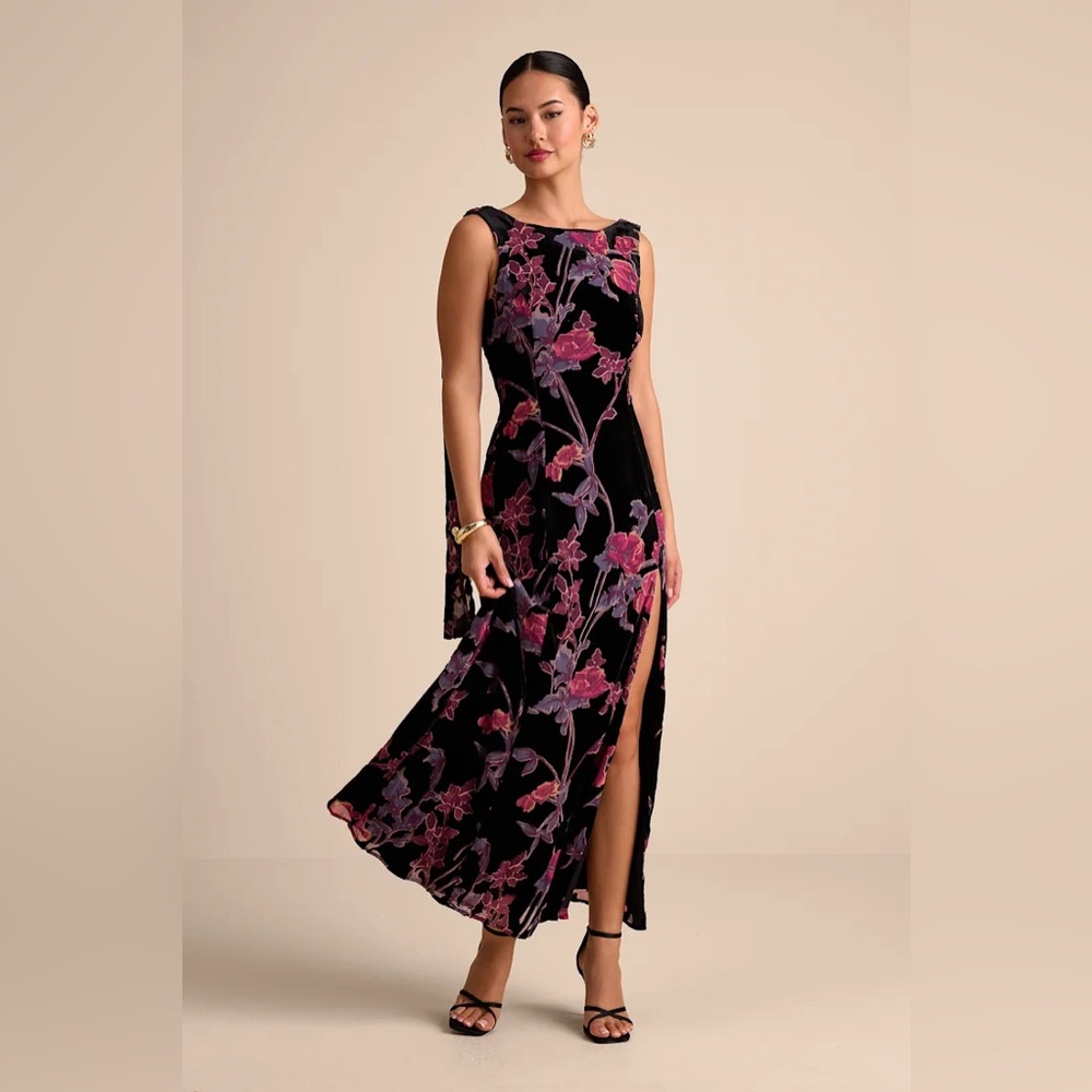 Lulus Black Velvet Floral Burnout Boat Neck Sash Maxi Dress